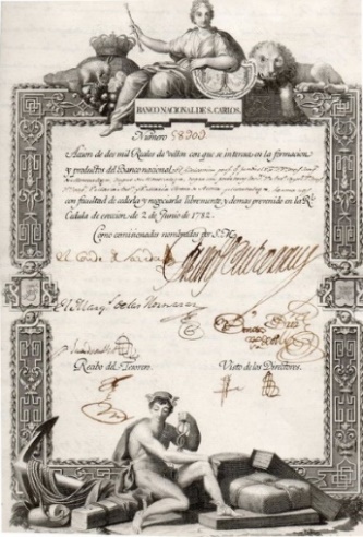 Fig. 7 – Acción de 2000 reales del Banco de San Carlos. Diseño de Cosme de Acuña, grabado de Juan Moreno de Tejada (1782)