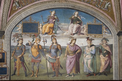 Fig. 4 – Pietro Perugino and workshop, Fortezza e Temperanza, con gli Uomini Illustri, Sala dell’Udienza, Collegio del Cambio (Perugia), fresco, 1498-1500. Photo courtesy of the Nobile Collegio del Cambio