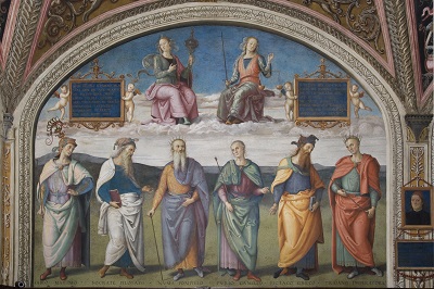 Fig. 6 – Pietro Perugino and workshop, Prudenza e Giustizia, con gli Uomini Illustri, Sala dell’Udienza, Collegio del Cambio (Perugia), fresco, 1498-1500. Photo courtesy of the Nobile Collegio del Cambio
